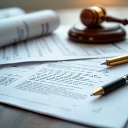 Legal documents with pens and a gavel on a wooden surface.
