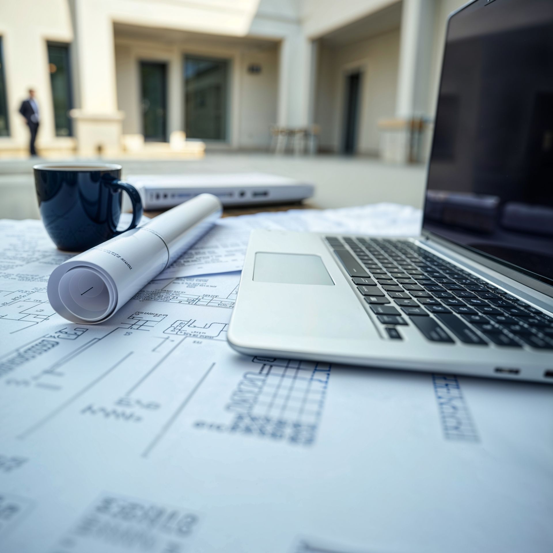 Laptop, blueprints, coffee cup, and a rolled-up plan on an outdoor table.