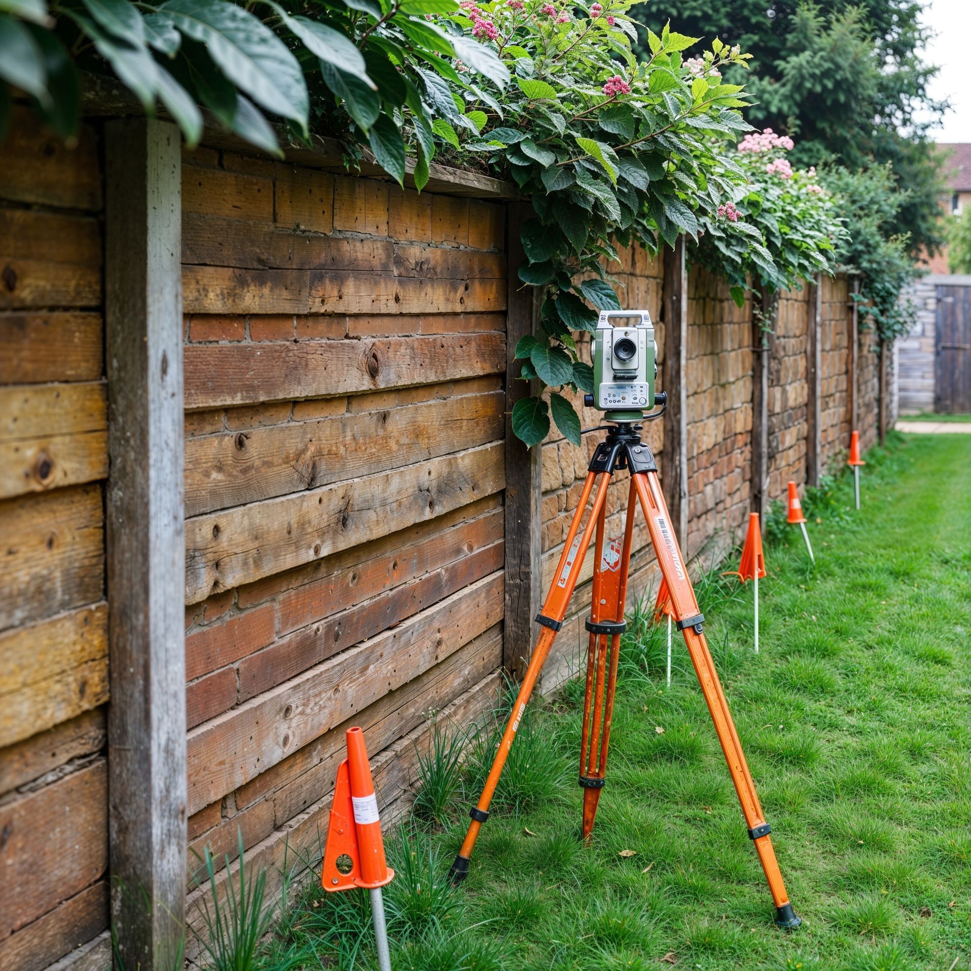 Surveying equipment set up next to a wooden fence with orange flags on a grassy lawn.
