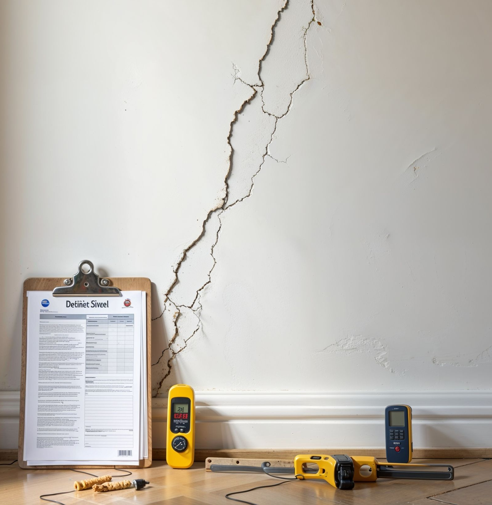 A cracked wall with inspection tools like a clipboard, laser level, and moisture meter.