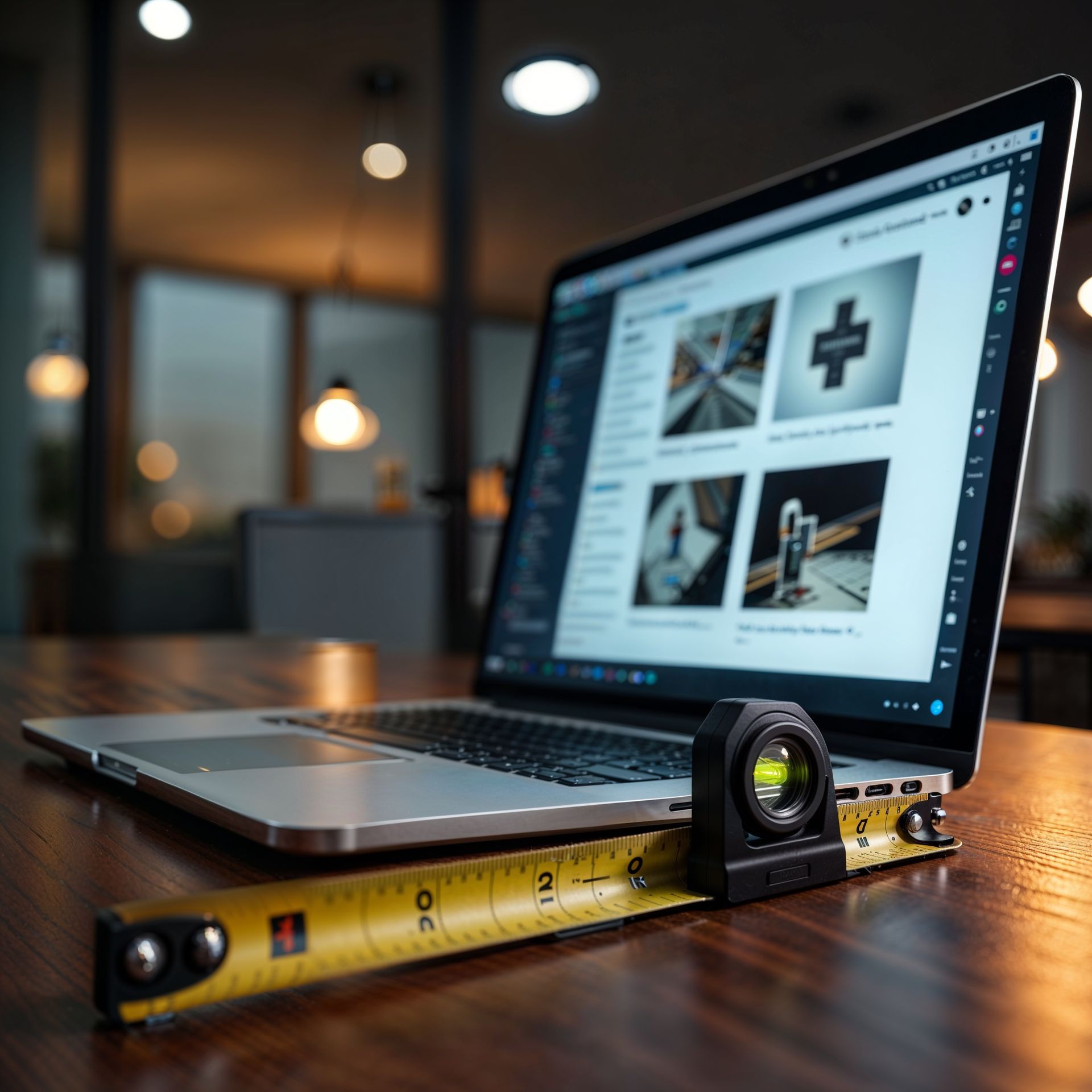 Laptop open on a desk with a measuring tape and laser distance measure, office setting.
