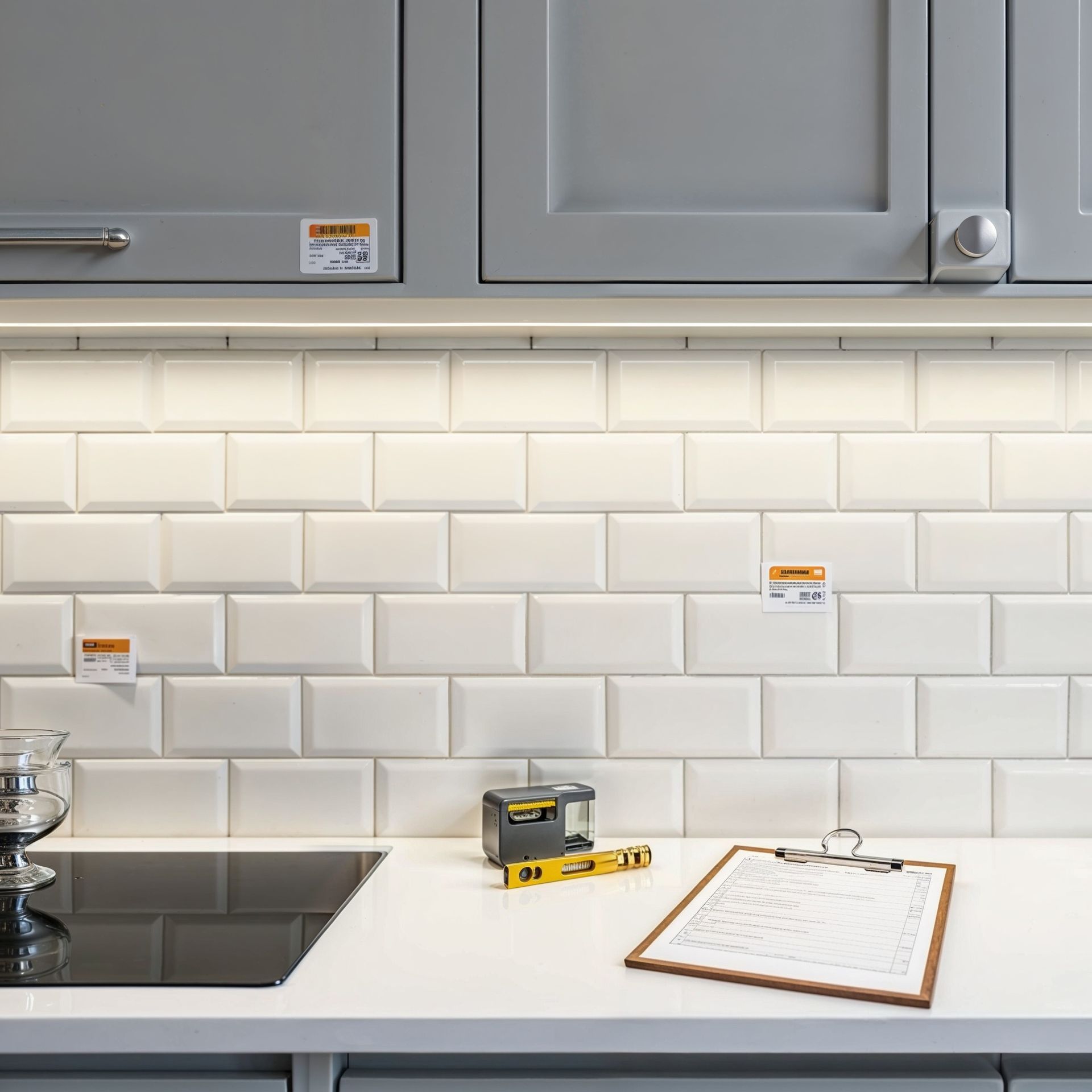 White tile backsplash with grey cabinets, under-cabinet lighting, and a clipboard on a countertop.