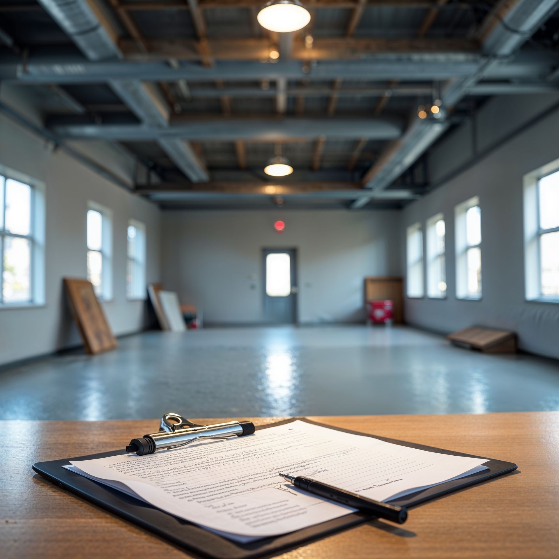 A clipboard with paperwork and pen on a table, with an empty, open room in the background.