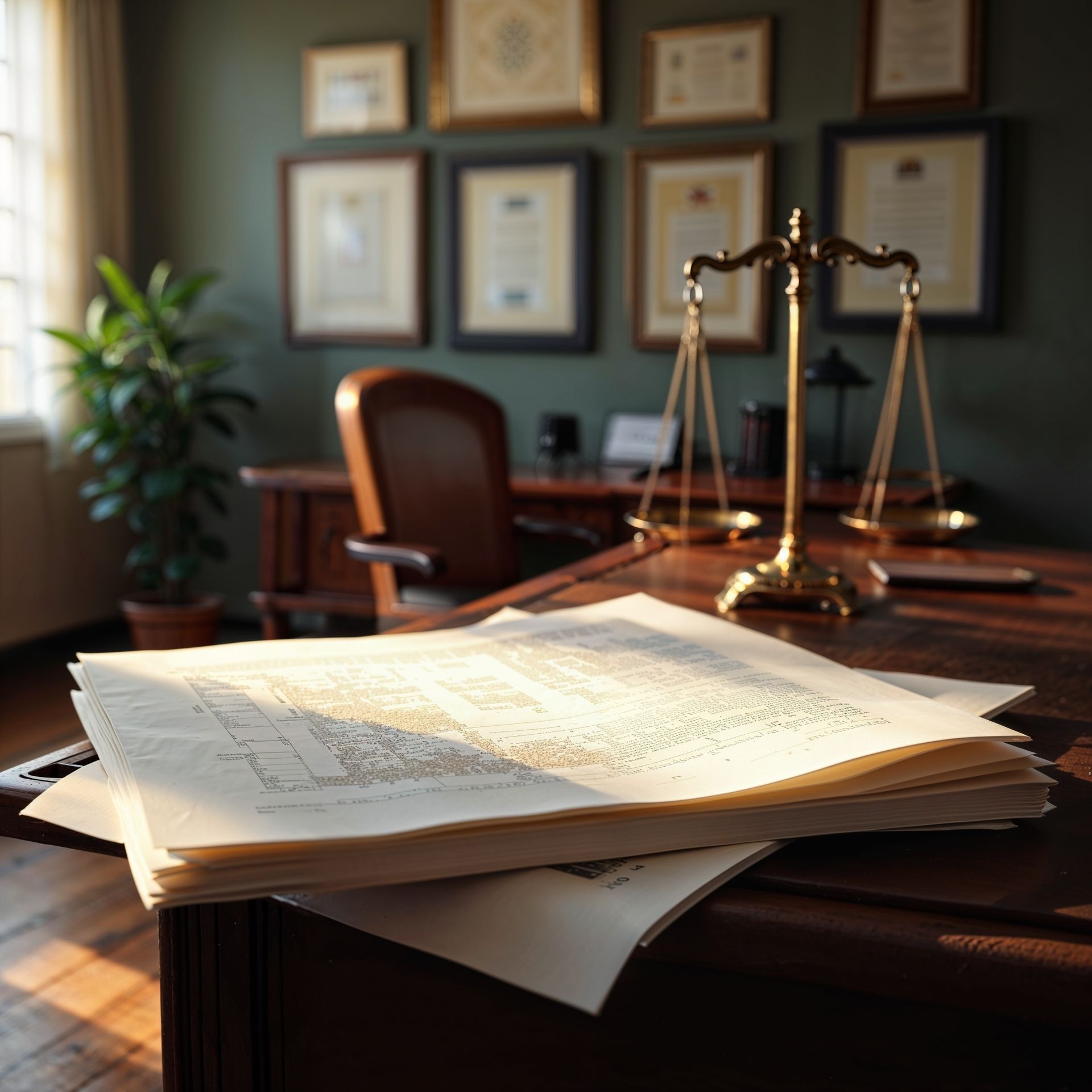 Scales of justice on a desk with documents in a law office.