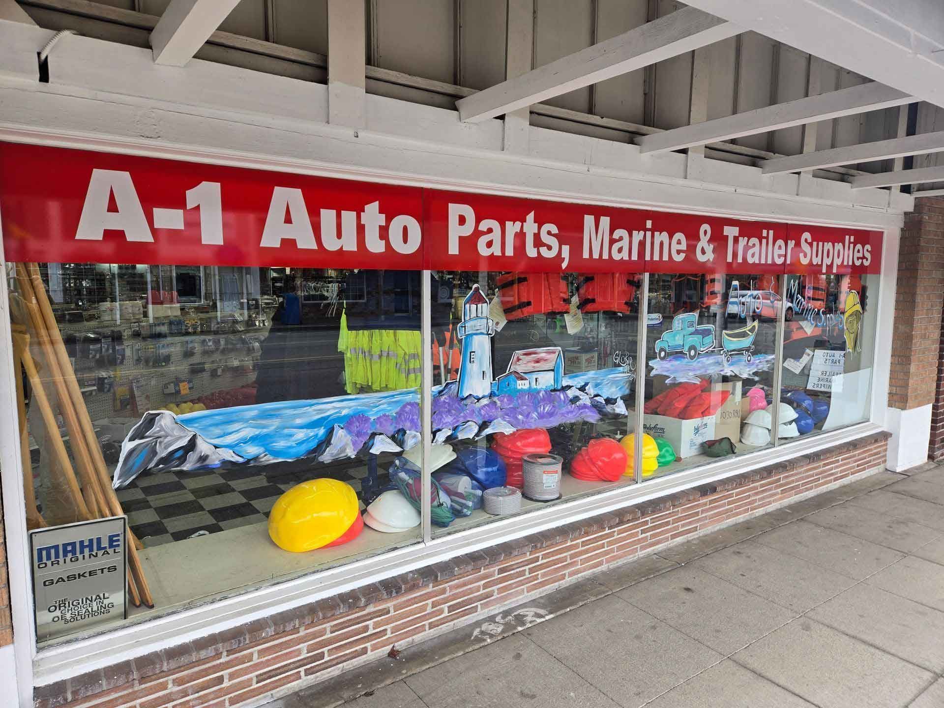 A storefront with a red sign that says