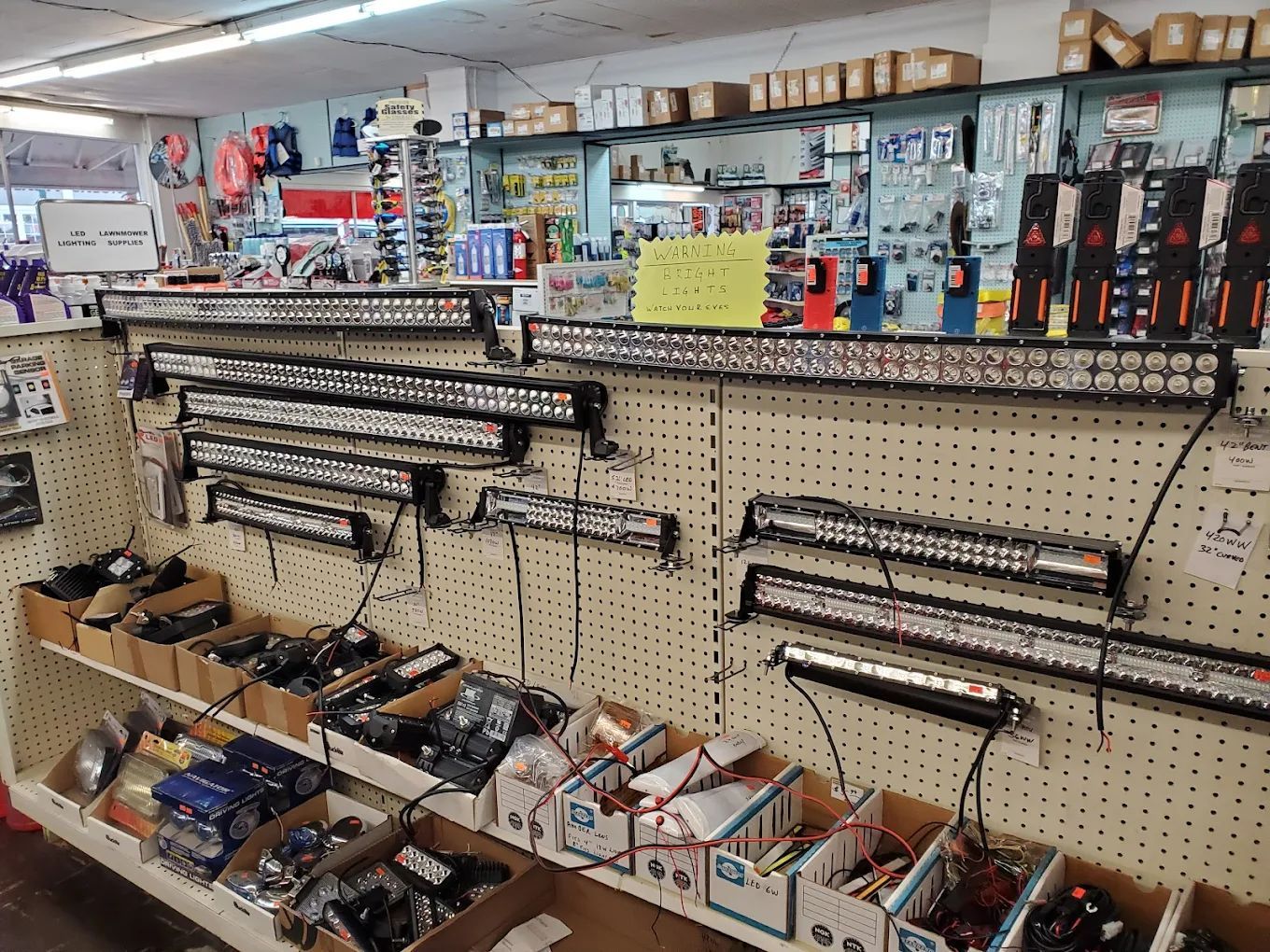 Display of trailer lights and components in a store.