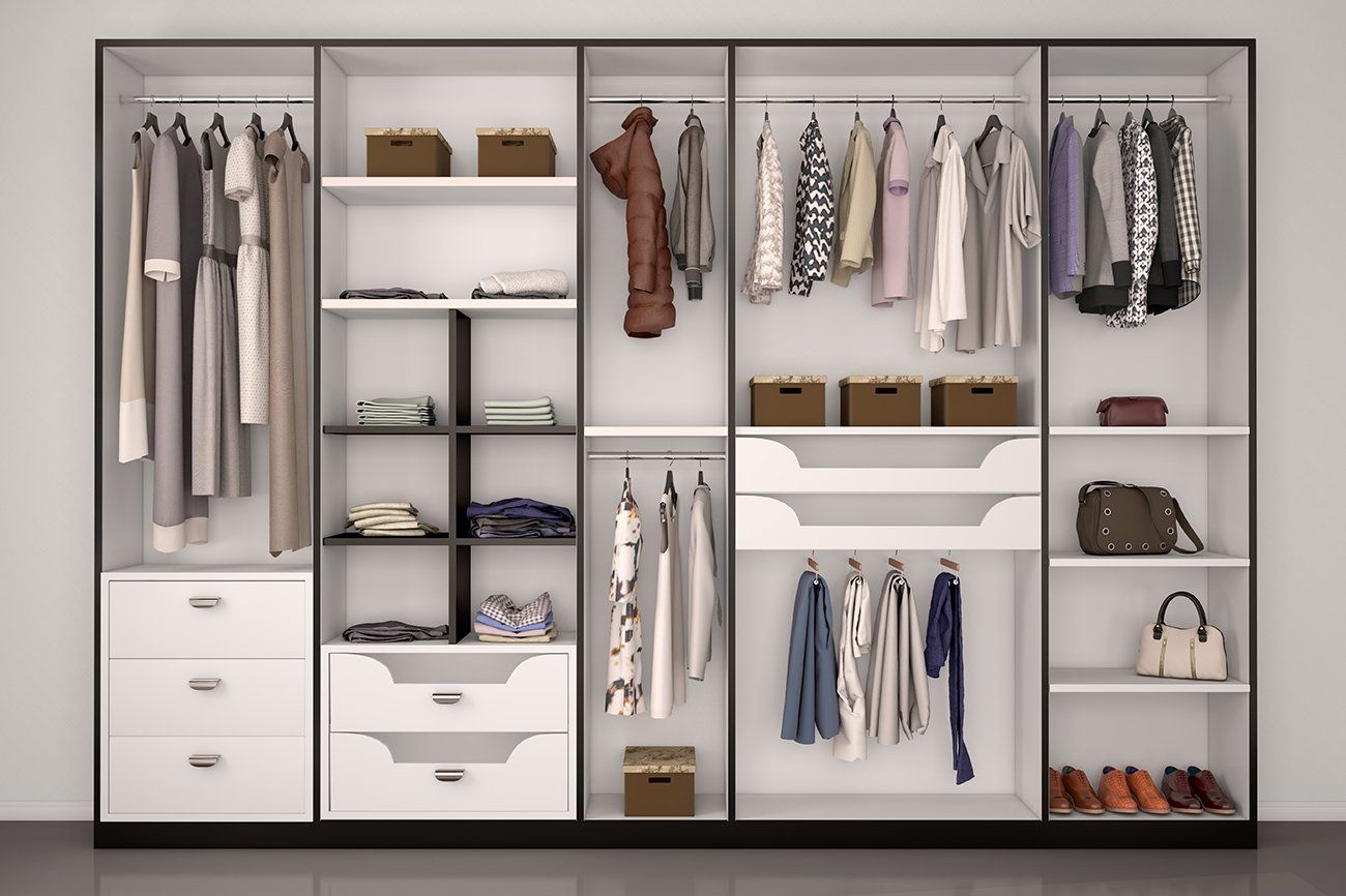 black and white wardrobe closet full of different things