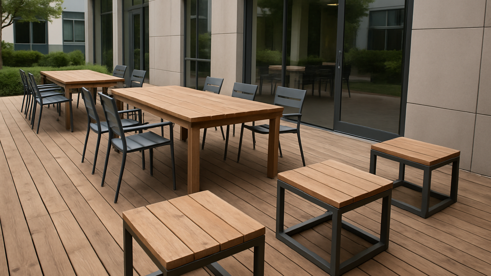 Outdoor wooden tables with chairs and side tables on a wooden deck.