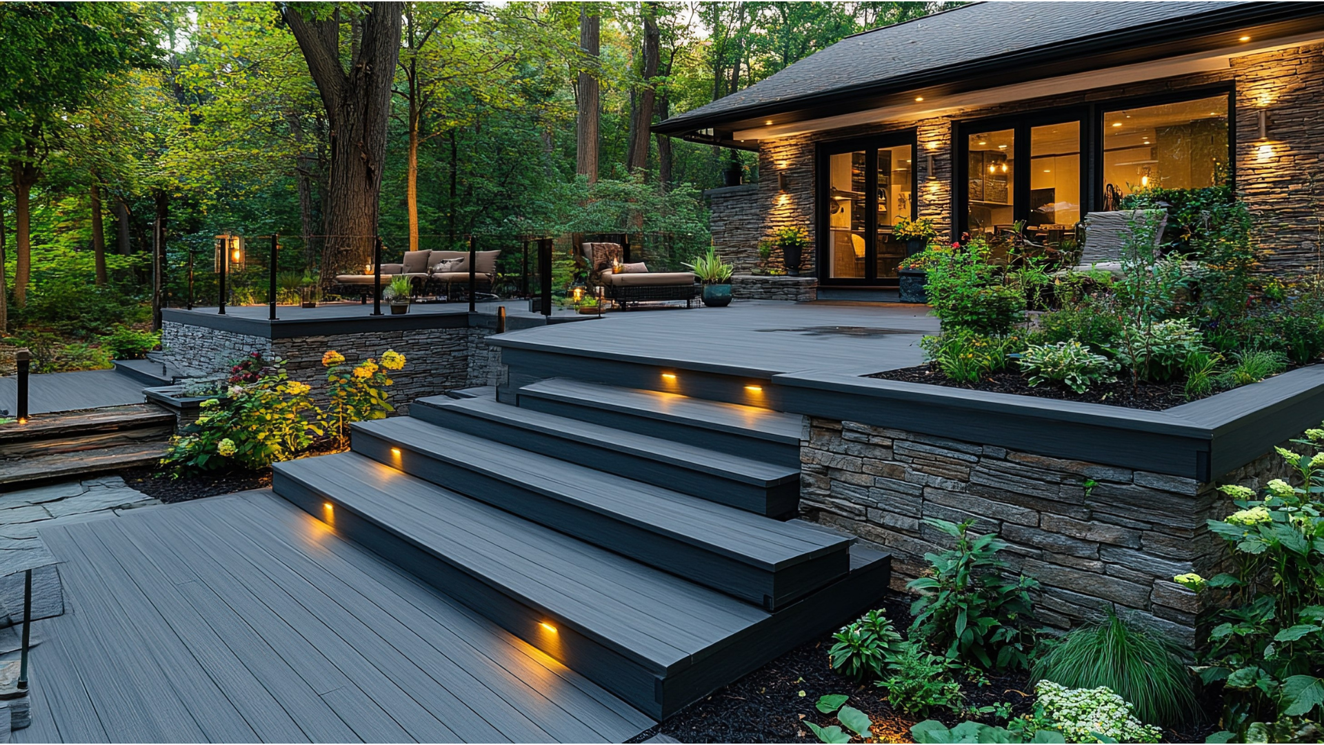 Gray deck with steps, stone wall, and illuminated landscaping leading to a house with open doors at dusk.