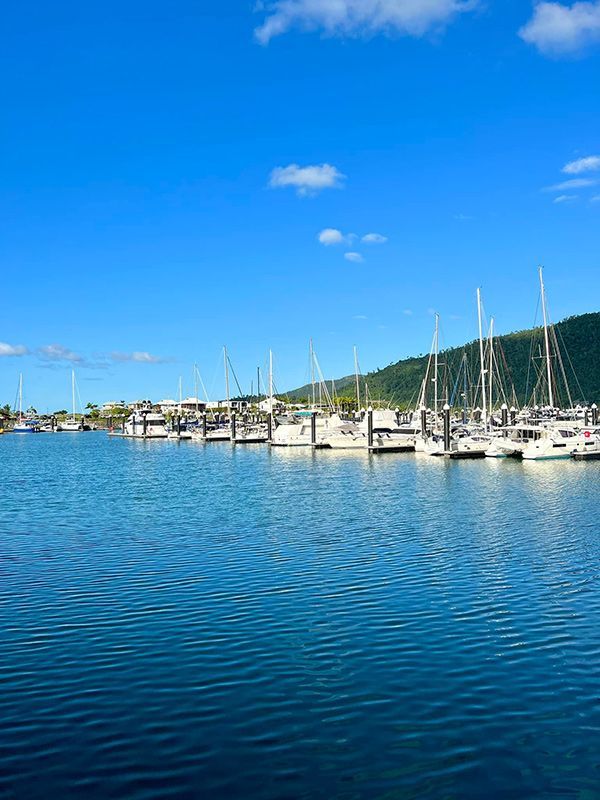 Boats Are Docked In A Marina On A Sunny Day — Mediterranean Food in Airlie Beach, QLD