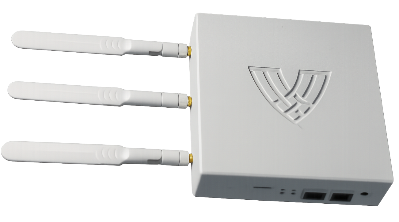 A close-up view of a device emitting radio waves, mounted on the back of an industrial forklift seat.