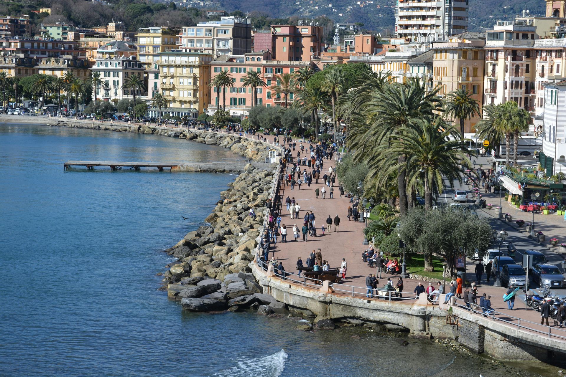 Un grande specchio d'acqua circondato da edifici e palme