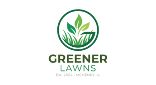 Green and white logo for Greener Lawns with stylized grass and leaf circle emblem