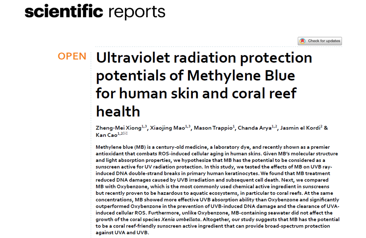 A scientific report about ultraviolet radiation protection potentials of methylene blue for human skin and coral reef health