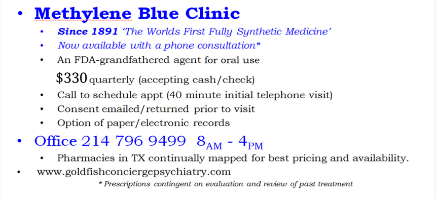 A flyer for goldfish concierge psychiatry says methylene blue clinic