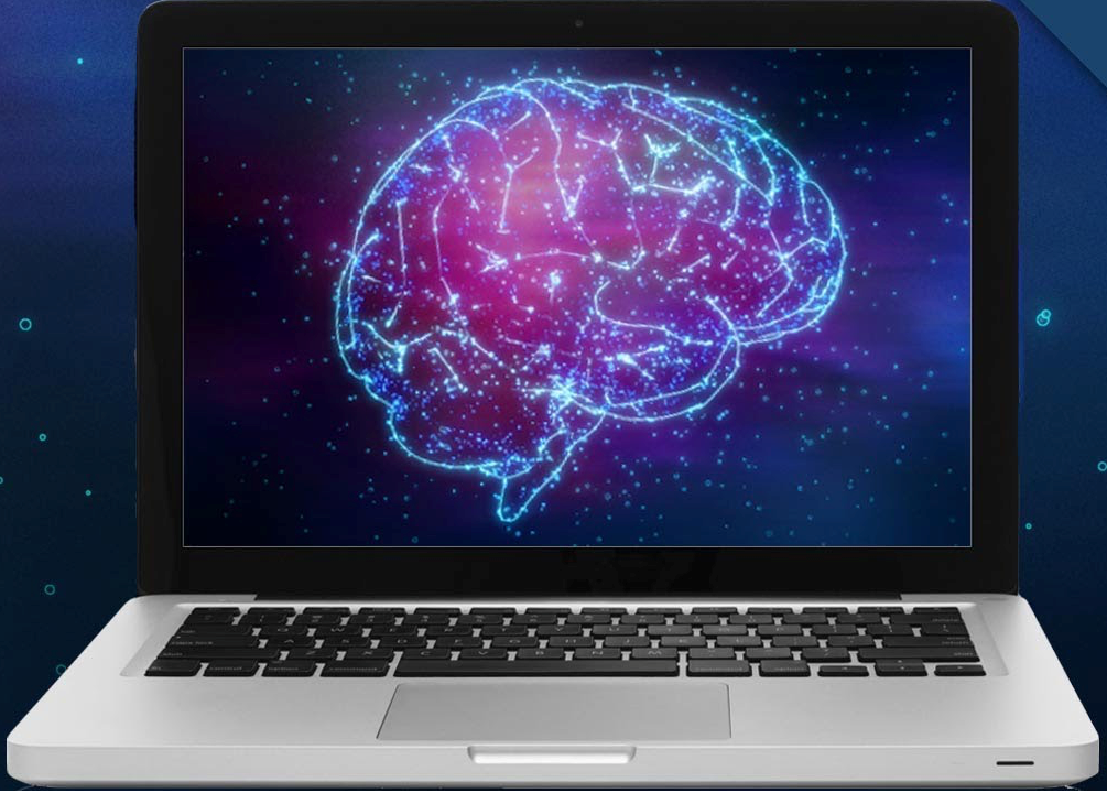 A laptop with a brain image on it