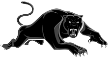A black panther is running with its mouth open on a white background.