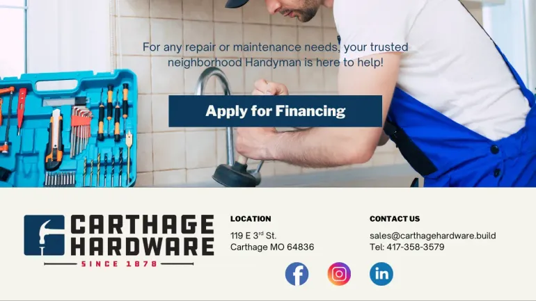 Plumber working on a sink with a toolbox. Carthage Hardware logo and 