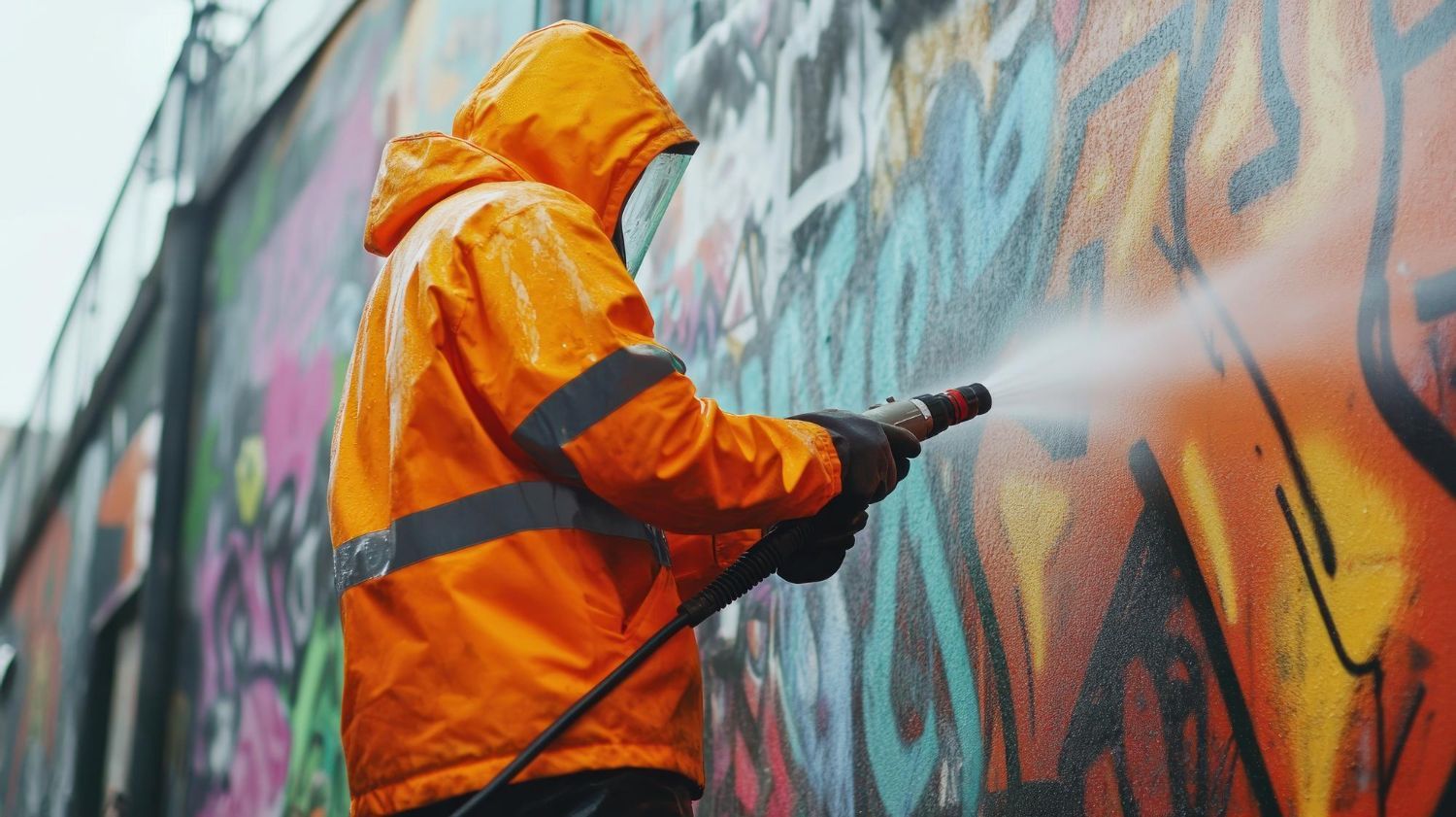 Person in orange raincoat power washing graffiti on a wall.