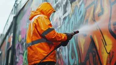 Person in orange jacket, removing graffiti from wall with a power washer.