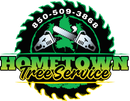 A logo for Hometown Tree Service featuring a circular saw blade, a chainsaw, and the business name and phone number.