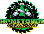 A logo for Hometown Tree Service featuring a circular saw blade, a chainsaw, and the business name and phone number.
