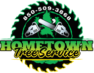 A logo for Hometown Tree Service featuring a circular saw blade, a chainsaw, and the business name and phone number.