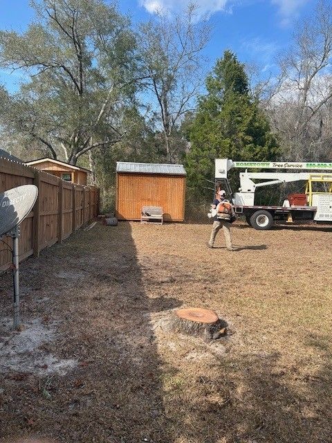 A person using a leaf blower in a yard with a wooden shed, a tree stump, and a utility truck in the background.