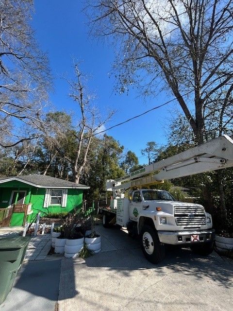 A white utility truck with an extended boom arm is parked in a driveway next to a bright green house under a blue sky.