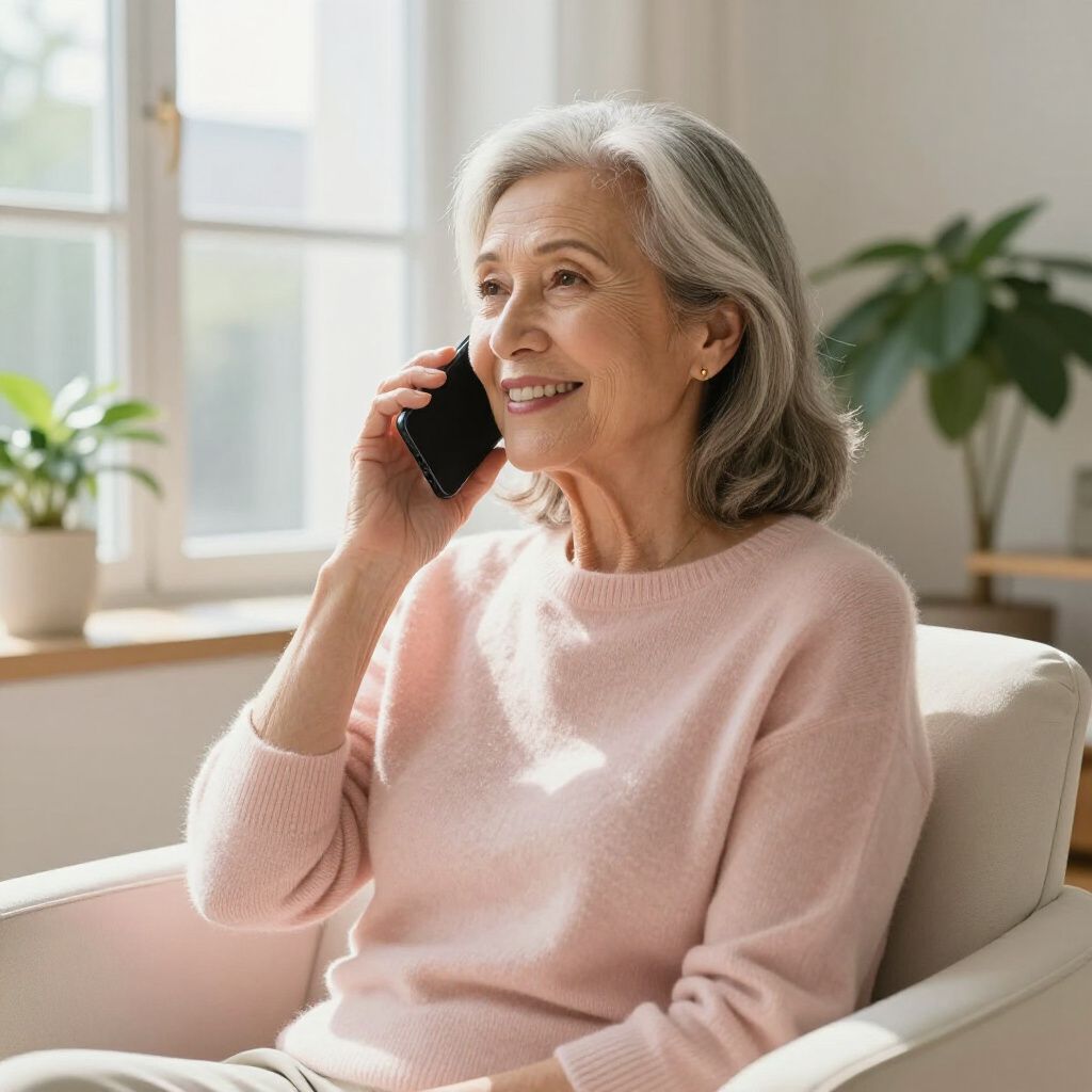 Woman with gray hair smiles while talking on a phone indoors, sitting in a chair.