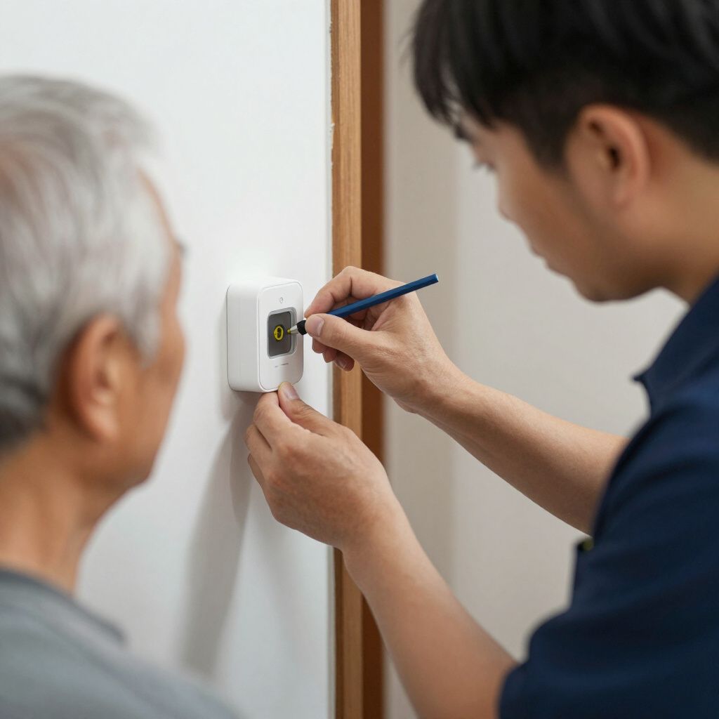 Man installs device on wall for older person.
