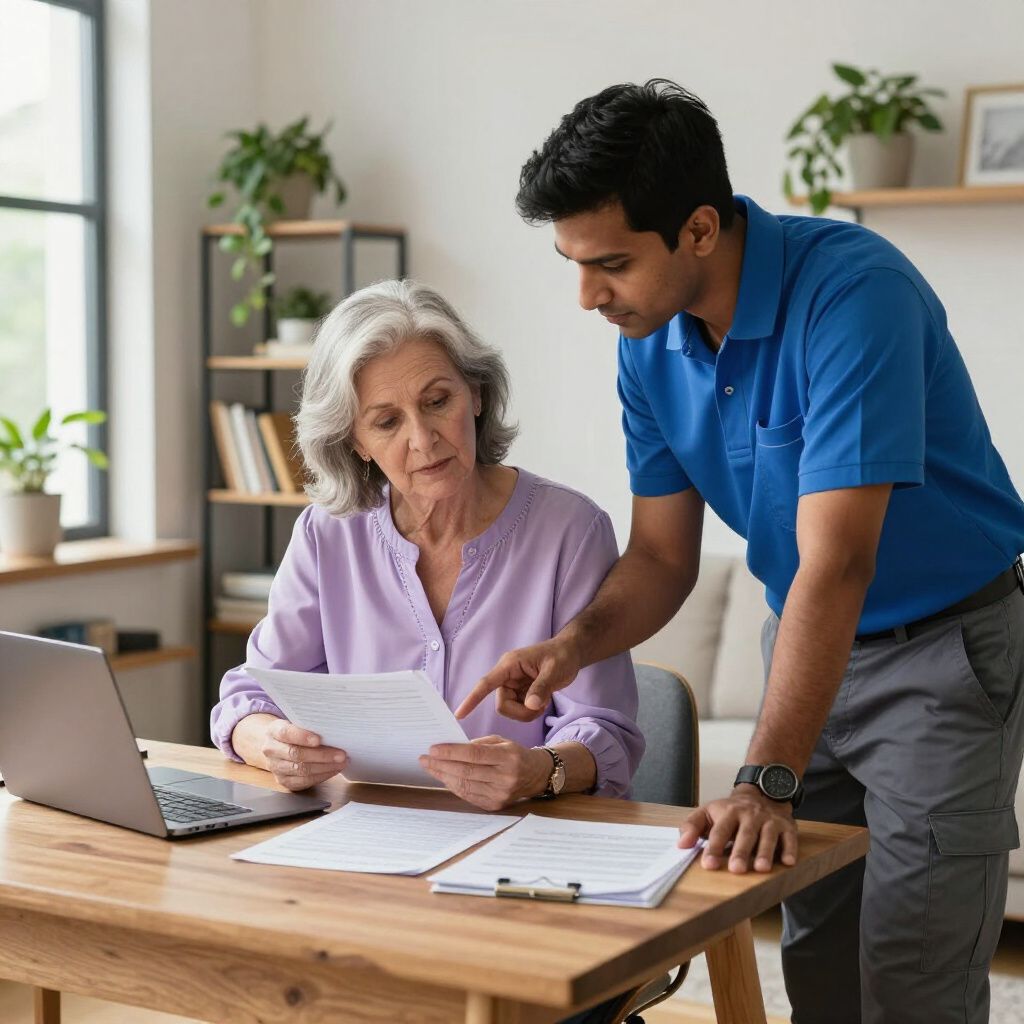 A person points to a document for an older person at a desk with a laptop and papers.