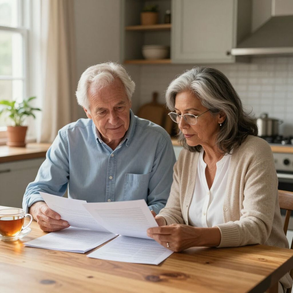Older couple reviewing documents at a kitchen table. One wears glasses, holding papers, and the other looks on.