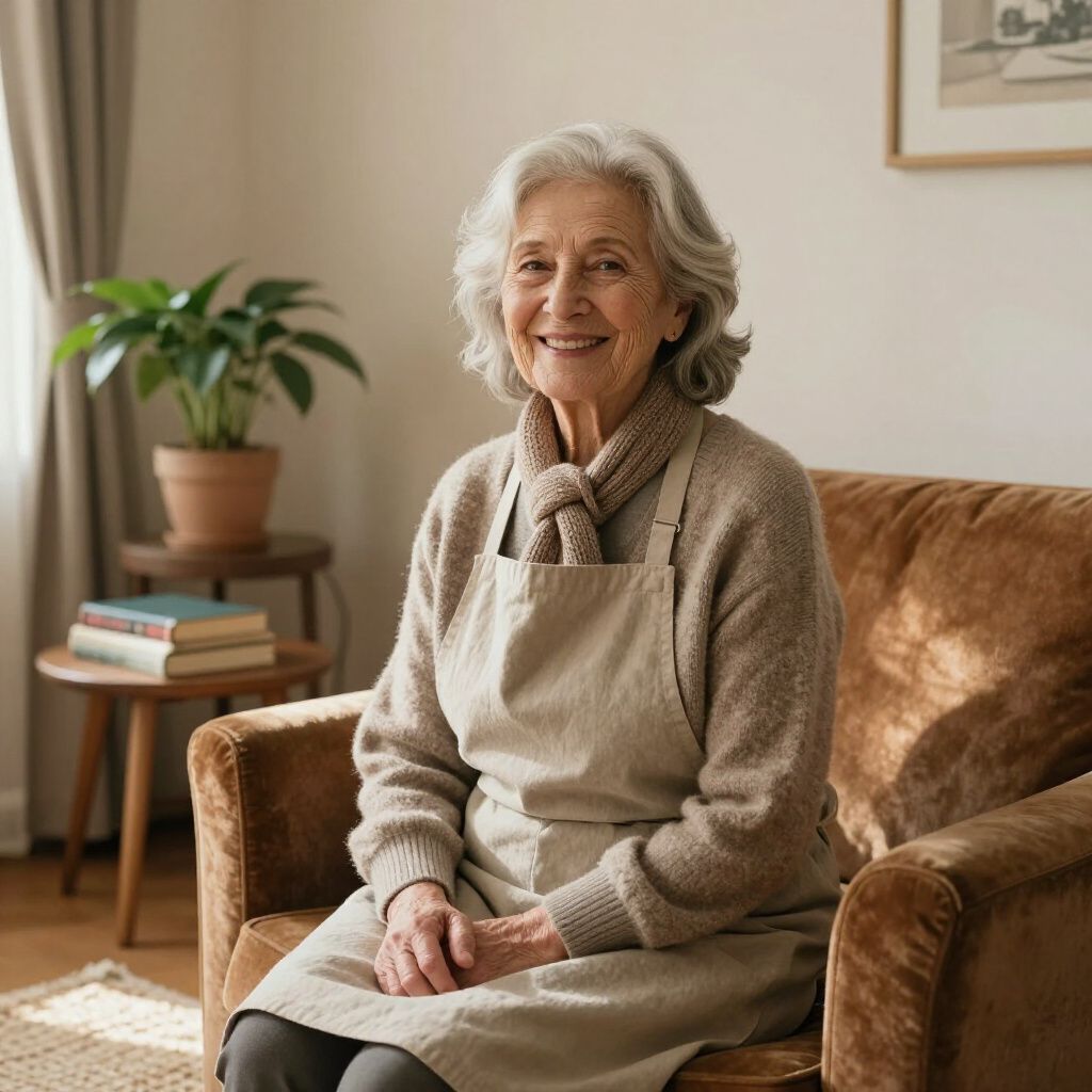 Woman with gray hair smiles while sitting in a brown armchair, wearing an apron, in a living room.