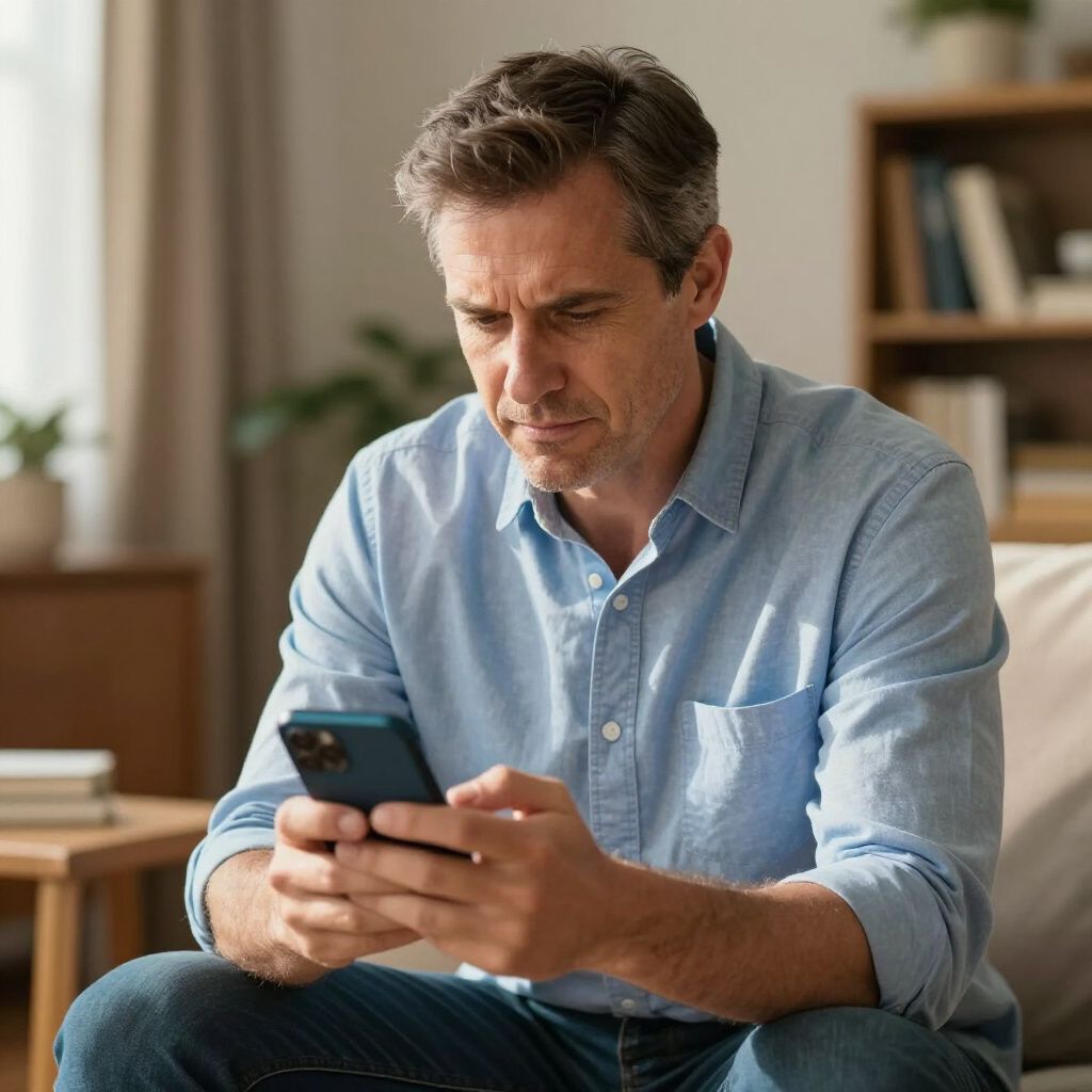 Man looking at a smartphone, seated indoors. He wears a light blue shirt and jeans.