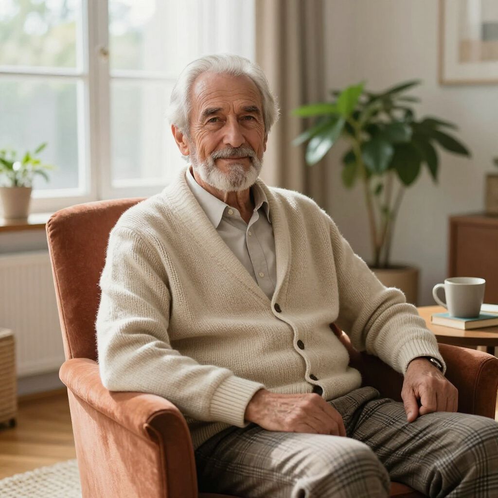 Older man with a white beard sitting in a brown armchair indoors. Wearing a tan cardigan and checkered pants.