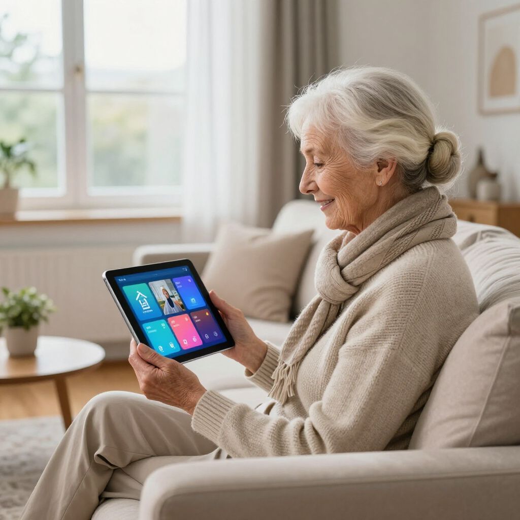 Elderly person smiles, using a tablet on a couch in a living room.