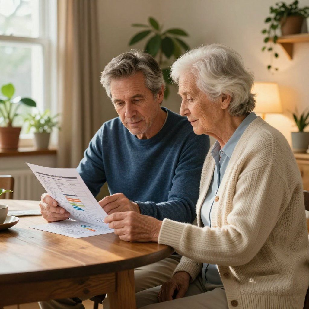Two people reviewing financial documents at a wooden table in a well-lit room.