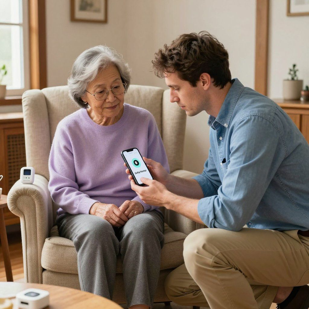Man showing a smartphone screen to a woman seated in a chair. Home setting, medical device visible.