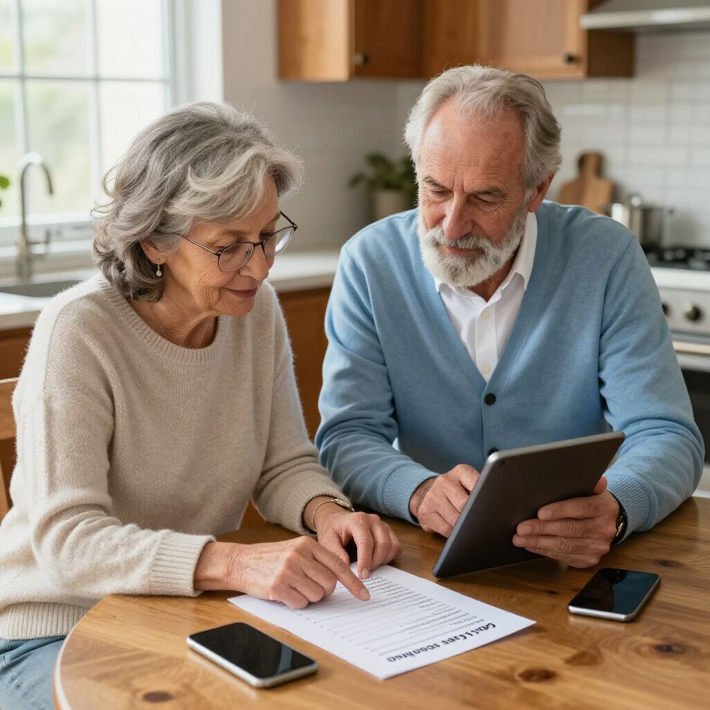 Older couple reviewing documents and tablet at a table in a kitchen.