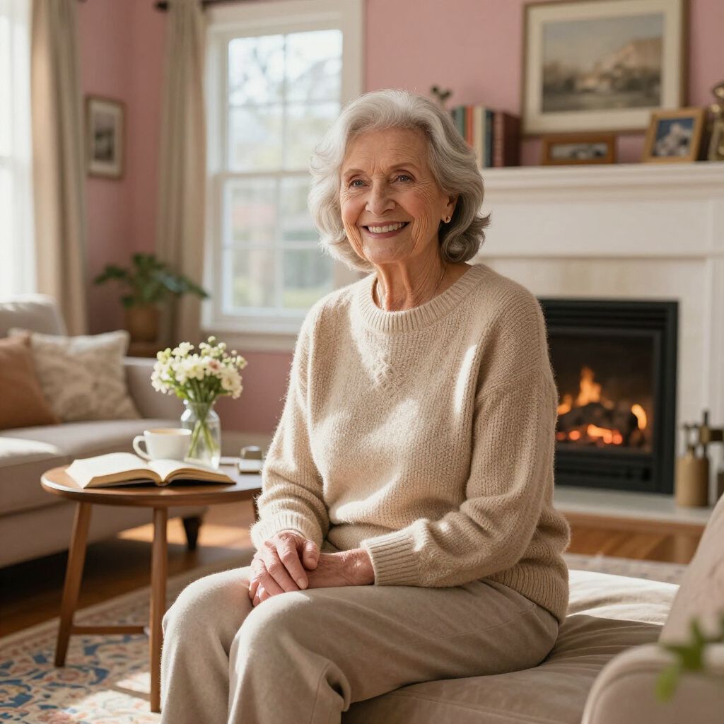 Older woman smiles, sitting in a cozy living room with a fireplace, wearing beige clothing.