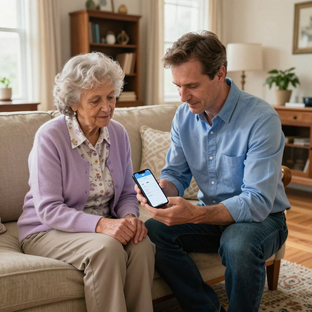 Man showing an app on a phone to an older woman on a couch. The man wears a blue shirt, the woman a lavender cardigan.
