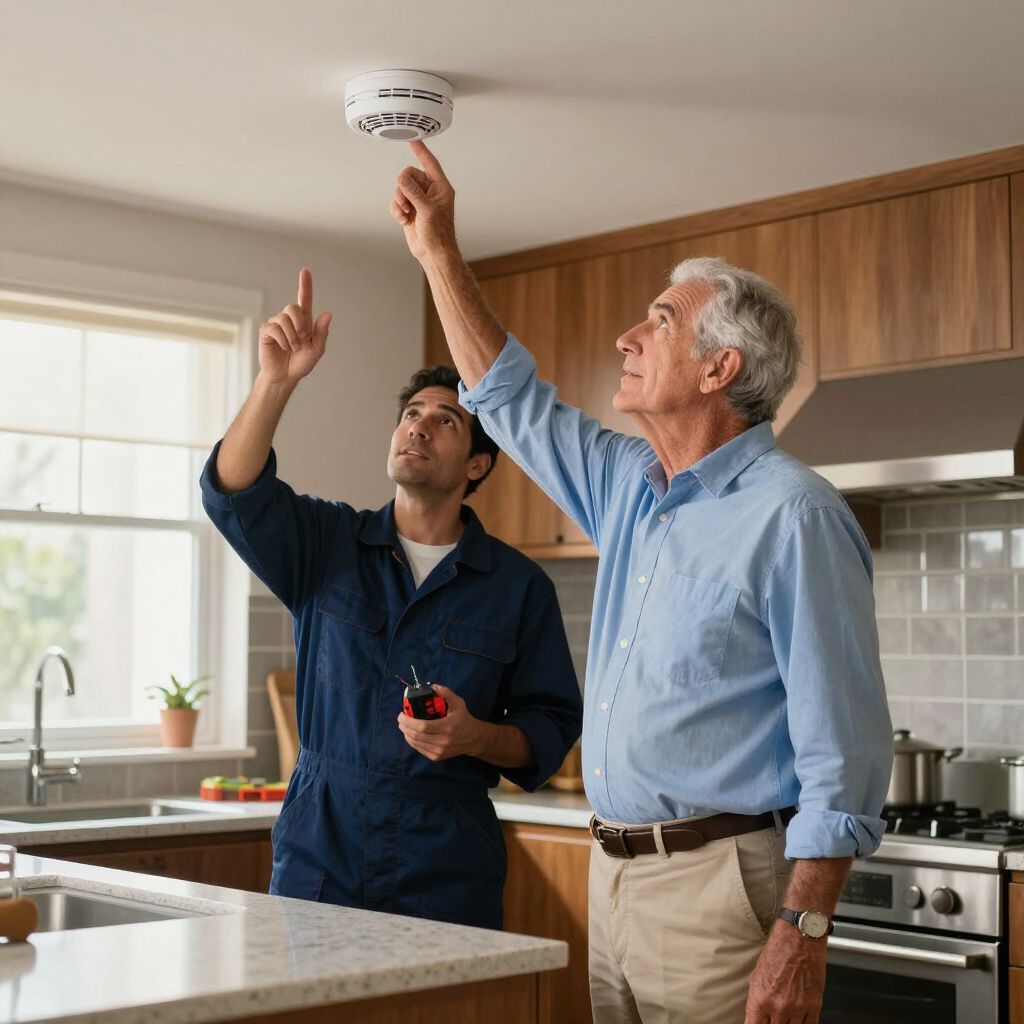 Two men inspect a smoke detector in a kitchen. One points, while the other touches the device.
