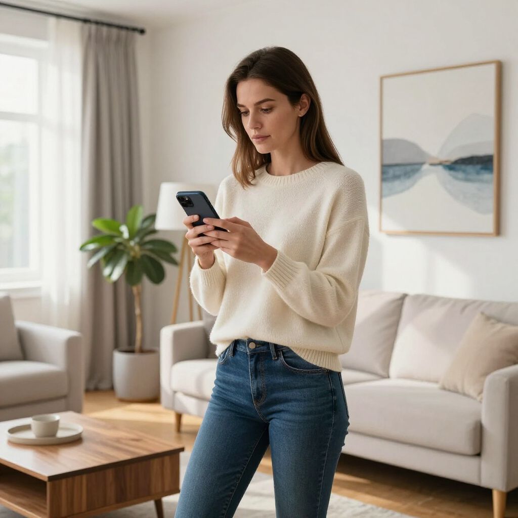 Woman in a living room looking at her phone. She is wearing jeans and a cream sweater.