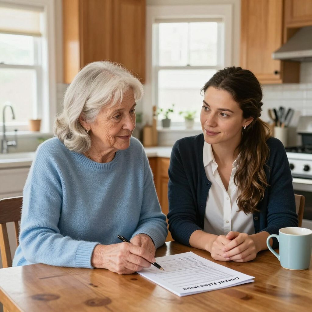 Senior woman signing document with younger woman in kitchen.