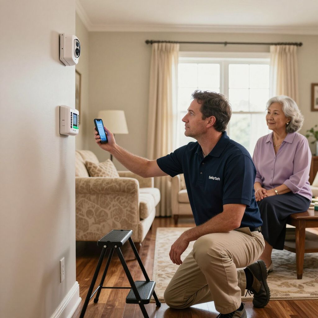 A man installs a security system on a wall while a woman observes in a living room.