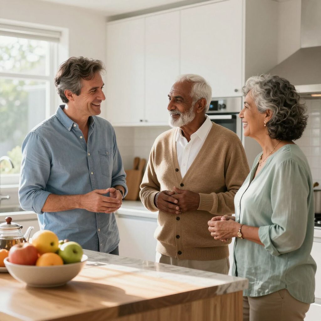 Three people chatting in a modern kitchen. Sunlight streams through a window. Fruits on the counter.