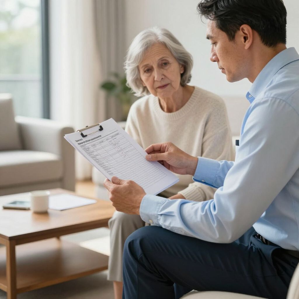 Man showing document to an older person in a living room; light-colored clothing.