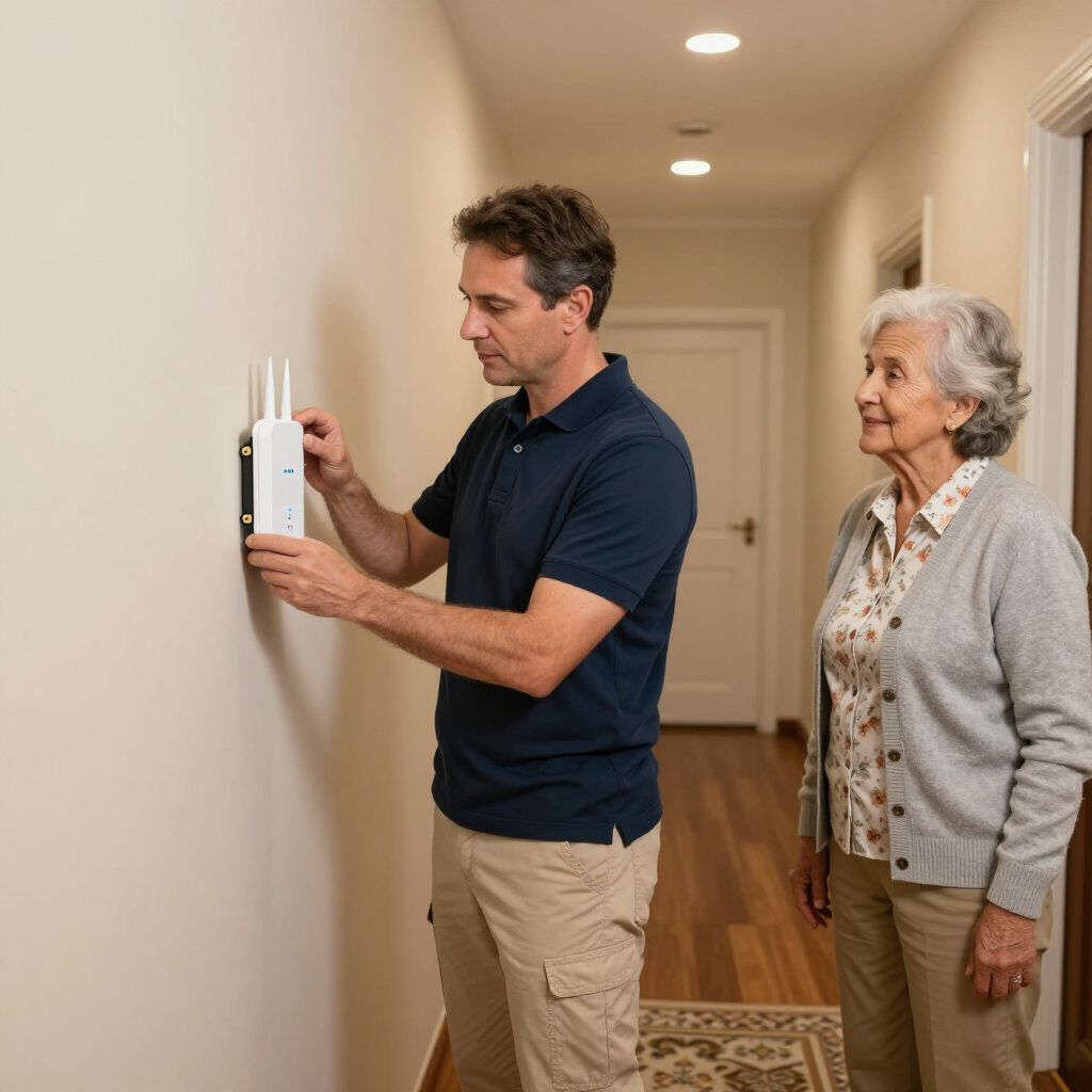 Man installing network device on wall; older woman watches in hallway.