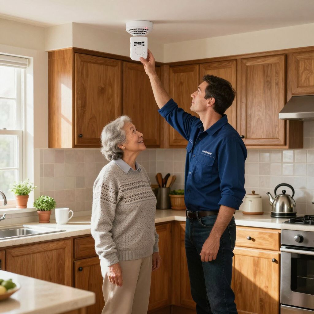 Man installing smoke detector for an older adult woman in a kitchen with wooden cabinets.